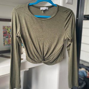 Olive Green Front Tie Crop Long Sleeve Shirt